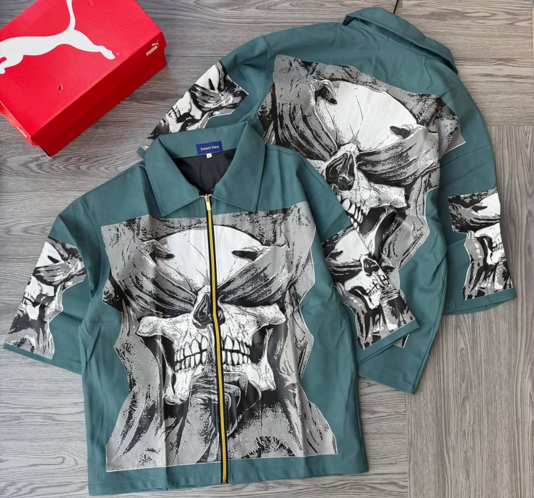 Graphic Faux-Leather Zip-Up Shirt