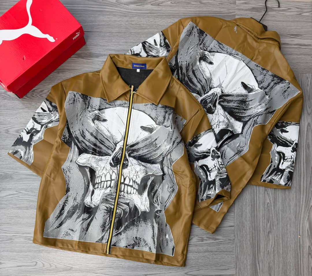 Graphic Faux-Leather Zip-Up Shirt