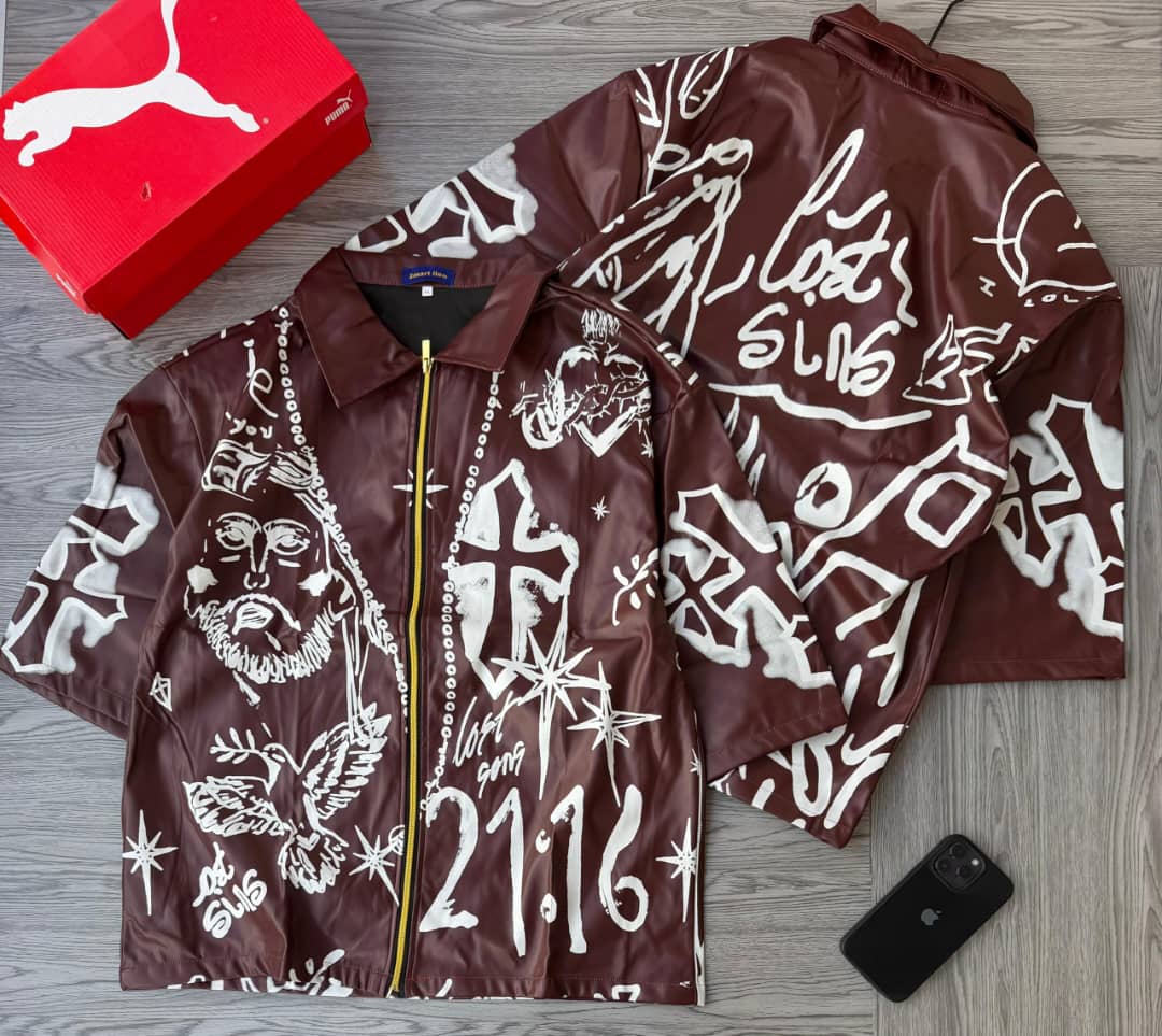 Graphic Faux-Leather Zip-Up Shirt