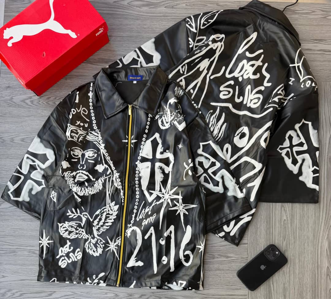 Graphic Faux-Leather Zip-Up Shirt