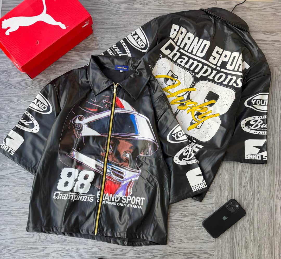 Graphic Faux-Leather Zip-Up Shirt