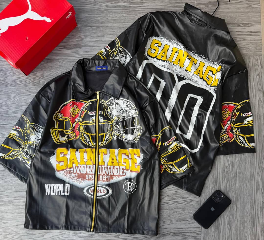 Graphic Faux-Leather Zip-Up Shirt