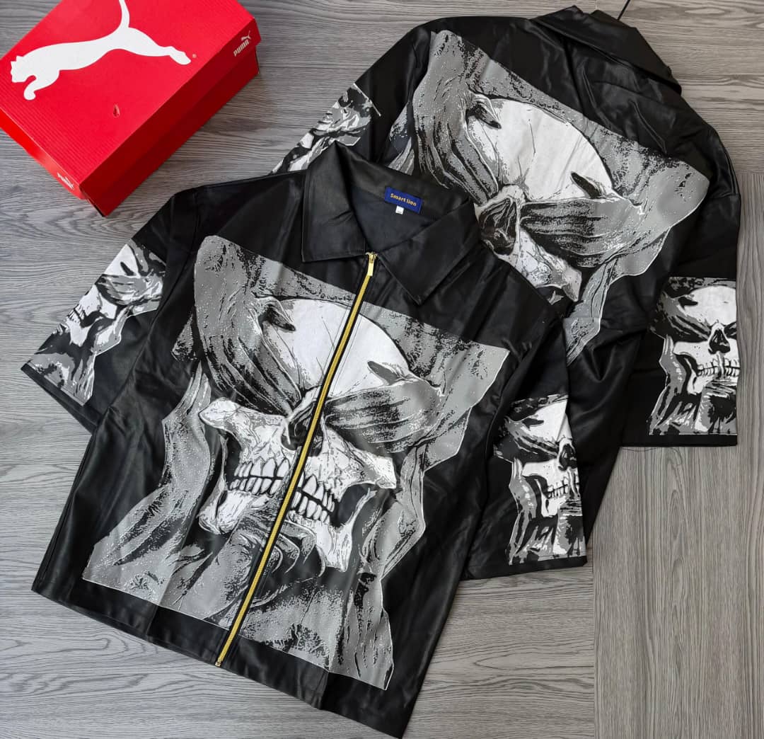 Graphic Faux-Leather Zip-Up Shirt