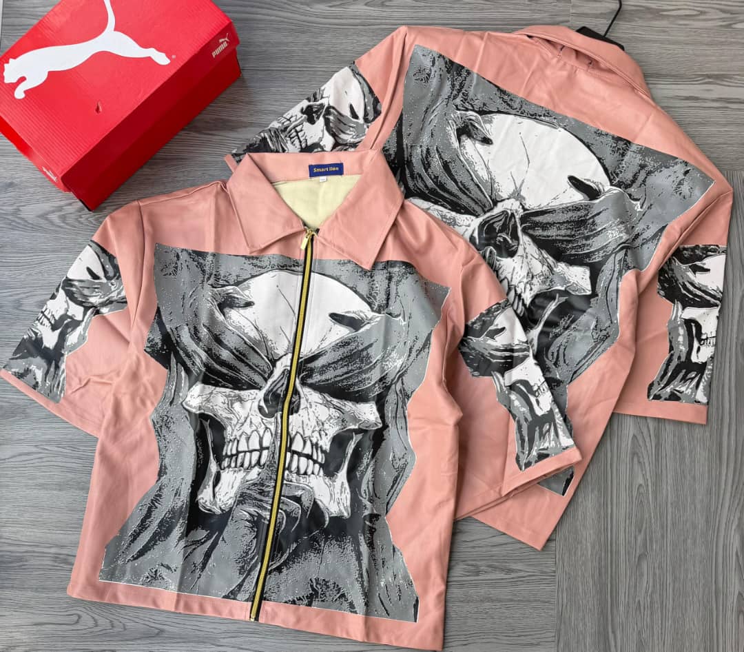Graphic Faux-Leather Zip-Up Shirt