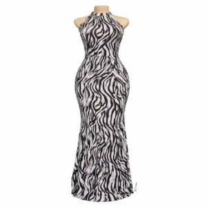 Zebra-Print Halter Mermaid Gown