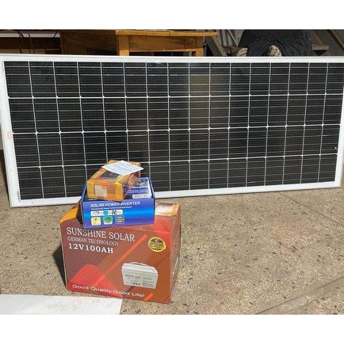 Sunshine Solar Panel Complete set/ Full Kit - 160watts+ 100Ah Solar Battery+ Solar Charger Controller 15A + Solar Inverter 600Watts + Solar Cable 50 Meters+ 10 DC Bulbs+ 10 Amp holders And 1 Phone Charger