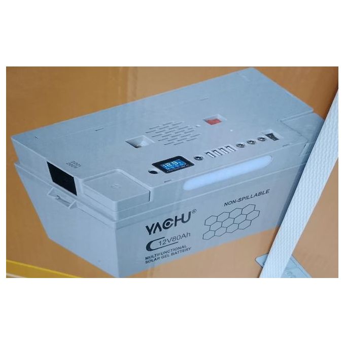 Yachu 12V 100AH~80Ah Solar GEL Battery/ Multifunctional Solar GEL Battery/ 10HOURS Of Operation After Full Recharge/ Deep Cycle Rechargeable Battery 12VOLTS 80AH~ 12V/200w Ac + USB In-Built Controller & Inverter - Grey