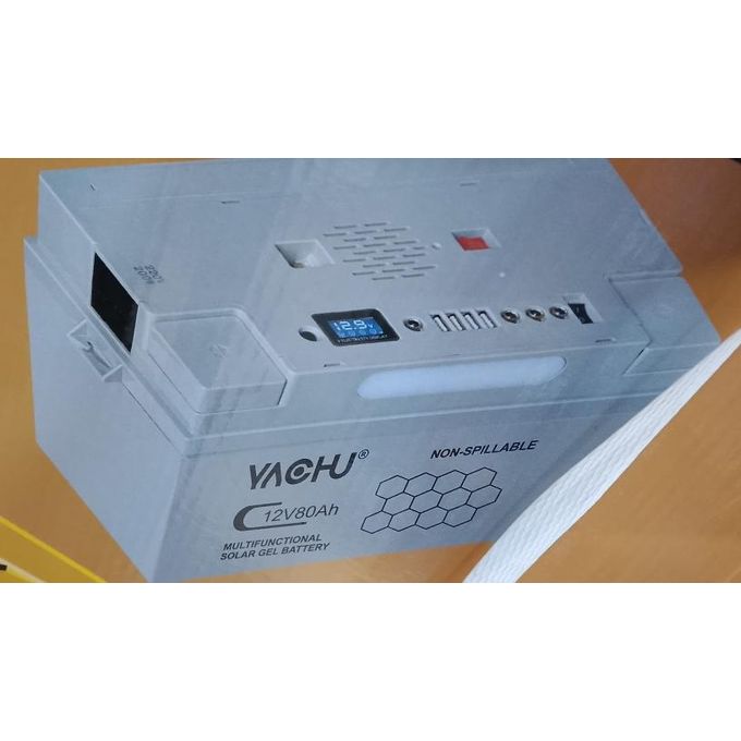 Yachu 12V 100AH~80Ah Solar GEL Battery/ Multifunctional Solar GEL Battery/ 10HOURS Of Operation After Full Recharge/ Deep Cycle Rechargeable Battery 12VOLTS 80AH~ 12V/200w Ac + USB In-Built Controller & Inverter - Grey