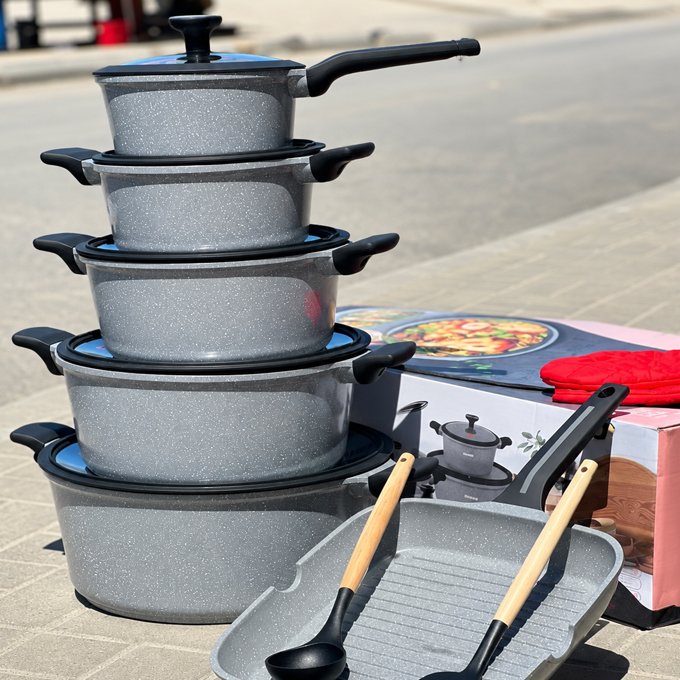 Premium 12-Piece Non-Stick Granite Coating Cookware Set – Elegant Grey Marble Finish