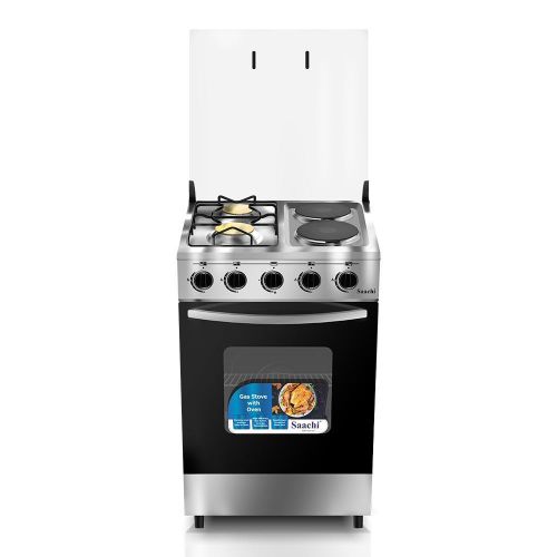 2 Gas Burners 2 Electric Hotplates Cooker With Oven And Lid Uses Both Electricity And Gas-Silver/Black